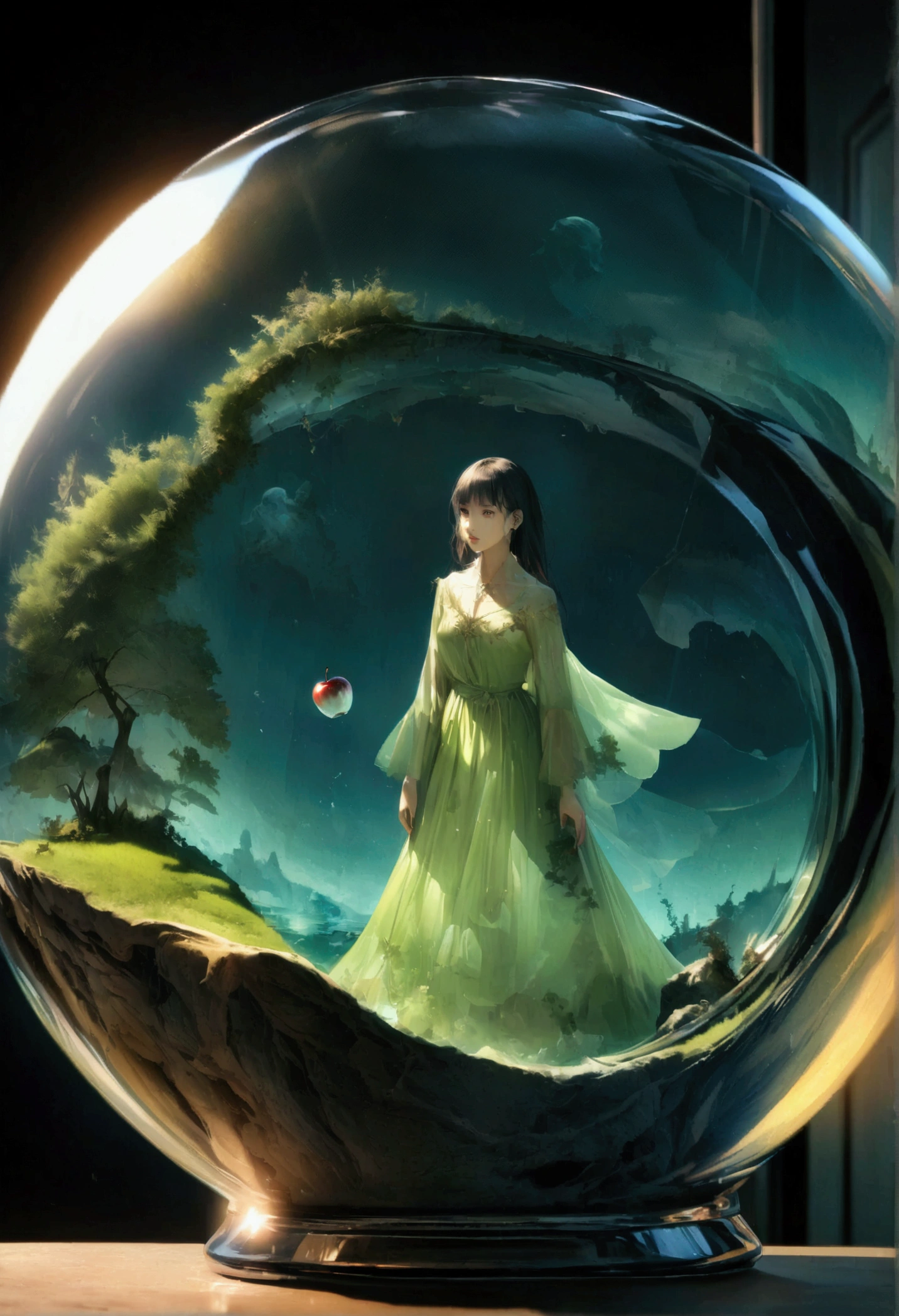 a high quality professional photo of a lovely double exposure image by blending together a stormy sea and a Glass apple. The sea should serve as the basic background, with its details subtly incorporated into the glossy Glass apple, sharp focus, double exposure, glossy Glass apple, Translucent glass picture of an apple, Inside the sea, lifeless, dead, Glass apple, earthy color, wane, complex design, surreal, high quality, very detailed, dark softbox image, ray tracing, cinematic, HDR, photorealistic double exposure:1.1. This digital art piece is meticulously crafted with extremely fine details... This scene captures the essence of a beautifully eerie mix of natural ferocity and artificial fragility... Visualized in 4K resolution, Every subtle aspect of this work comes to life with stunning clarity and realism...