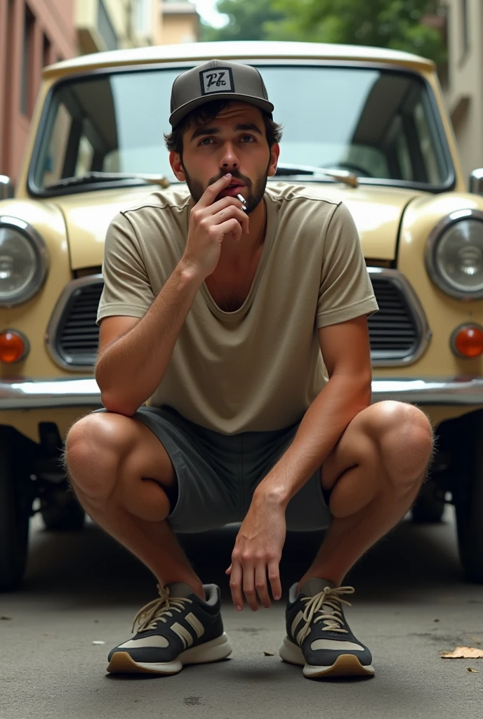 Create a picture of a young man. The man has a very short dark beard and dark short hair. The man has a cap on. The man is wearing shorts. The man smokes a cigarette. The man has an angular face. The man kneels in the Russian squat in front of a Mini Countryman car. The car Mini countryman is beige.The man looks forward. The man wears new balance sneakers.