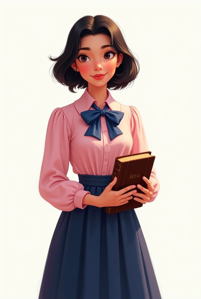 Disney type image Woman in navy blue skirt, pink blouse with blue bowtie, semi-short black hair with a bible in his hand with a white background 