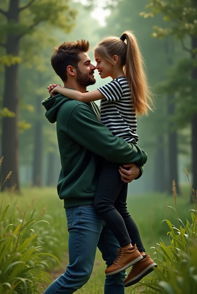 A ******** boy who wears a dark green colour hoodie and blue colour denim pant with little beard lifting and carrying a teenager girl who wears a black and white colour t shirt and black pant in his hands realistic in between lots of trees and grasses 