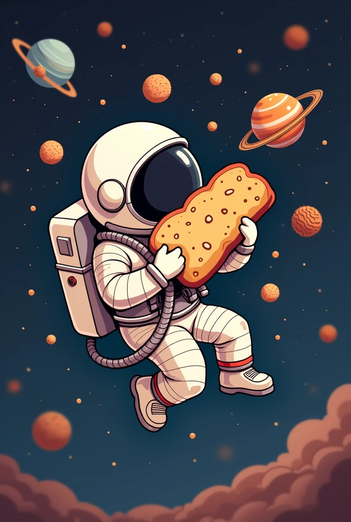 A logo for a company of an astronaut eating a loaf of bread and planets in the shape of a cookie