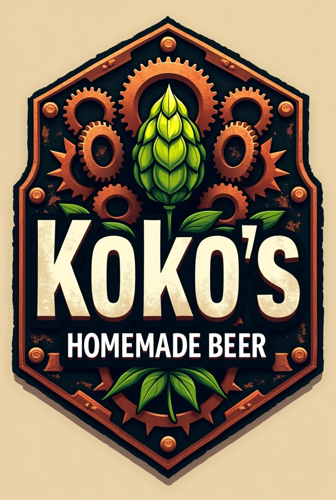 Logo for my company, should be macho. use gears, copper, manly items, 1 hops and my company name, “Koko׳s homemade beer” as a centrepiece.
