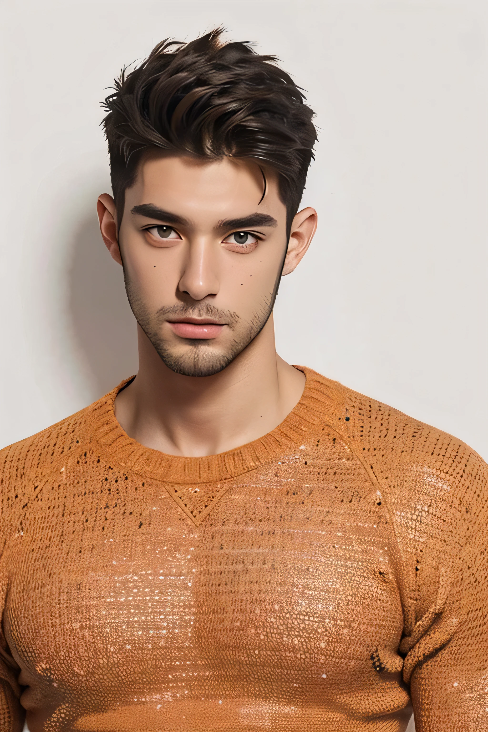 handsome male,beard,upper body portrait,orange sweater,white background,
