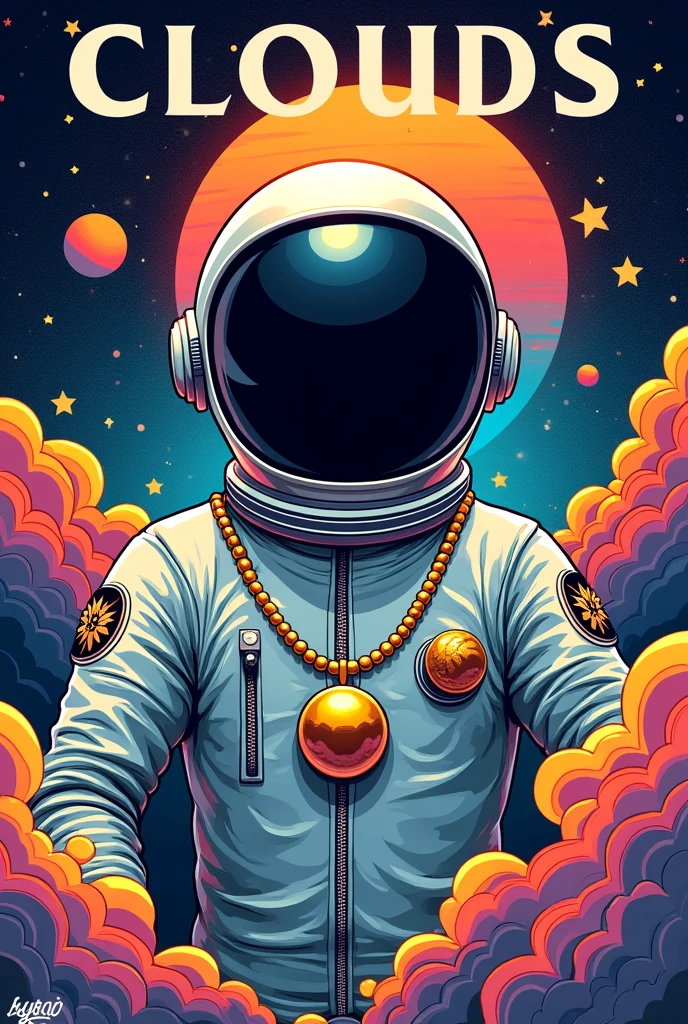 Create a poster for the release of a CLOUDS song with space stuff and an astronaut with a helmet with a golden necklace with a shiny ball and curly clouds in a graffiti drawing style