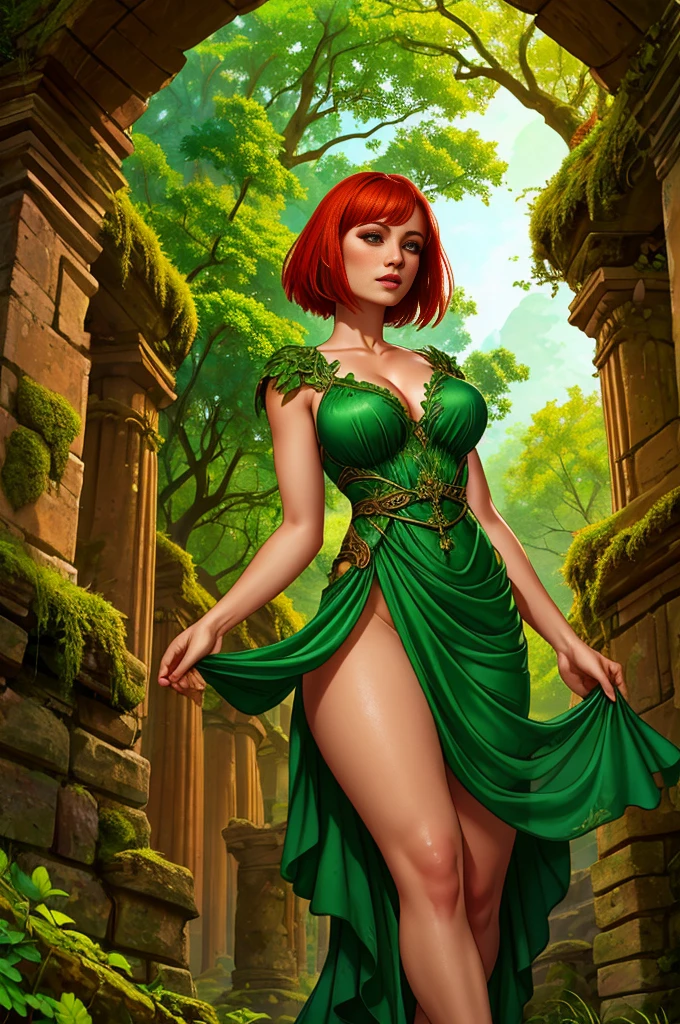 druidess wearing a green dress made of leaves and red panties, reddish bobcut hair, gorgeous woman, ancient overgrown stone ruins, low-angle shot, tomboy, moss clothes