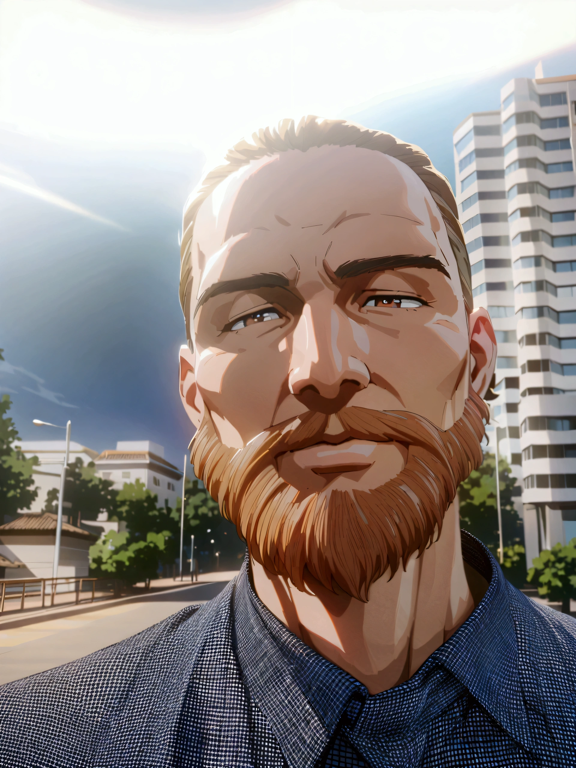 anime aestetics, anime character, epic portrait, young man with long beard, bright brown hair beard, short hair, cinematic light, ray tracing, 8k, highres, best quality, award winning, anatomically correct, UHD, masterpiece