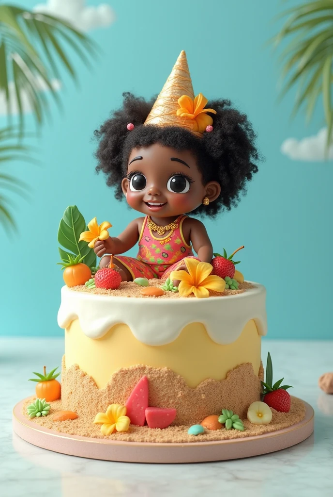 I want you to create an image of a cake that represents me as Dominica with coconut sand among other things in light blue and white.