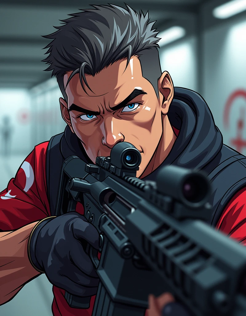 ((Anime, Manga art-style) turkey native a middle-aged male athlete, professional sports shooter pistol ar10 metros, White Turkish flag clothing, robust athletic build, confident calm posture, strong defined facial features, expressive eyes, focus and determination, short slightly graying dark hair, shooting with both eyes open, minimalistic sports gear, subtle lighting, professional shooting range
