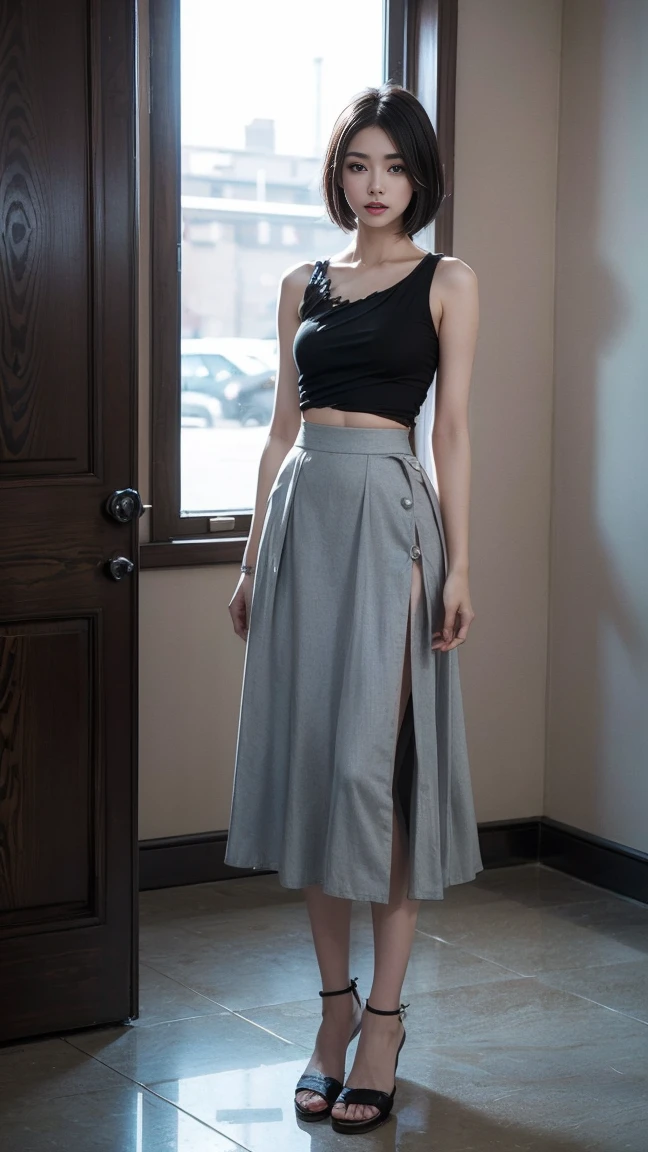 (Center of chest, Tomboy,)),, (Perfect body ), Illustration of a girl with black bob hair,She has straight, shiny black hair、short bobcut hair style。 、A woman in a grey top and blue skirt poses for a photo, Full body cute young woman, Slim photos, Narrow waist, Long skirt, with a Narrow waist, Wearing a tank top and skirt, Narrow waistと太いヒップ、 (Torn clothes:1.3)((Very detailed CG 8k 壁紙), (Very delicate and beautiful), (masterpiece), (Highest quality:1.0), (ultra High resolution:1.0), Beautiful lighting ,Perfect Lightning, Realistic Shadows, [High resolution], Detailed skin, Very detailed (((colorful))),High Reality, ,
