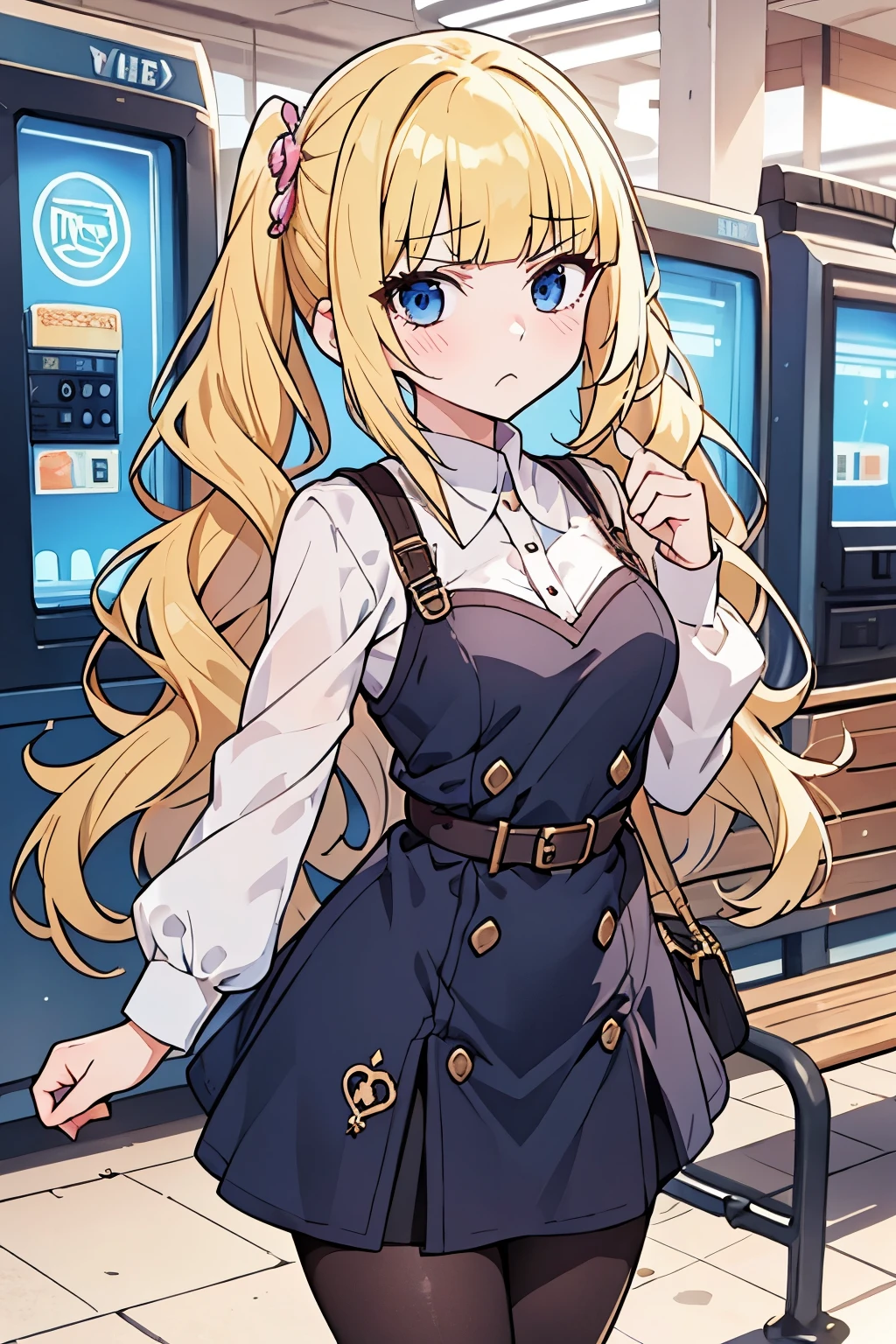 cowboy shot, Young adult girl, 1 girl, pigtails, yellow hair, blunt bangs, extra long hair, crystal blue eyes, golden blonde hair, voluminous hair, disheveled wavy hair, (medium small breasts), (young female body: 1.4) , Train station background, vending machines and benches, pantyhose, pink pron dress, long sleeves, light pink dress, lapel dress, dynamic posing, on a date