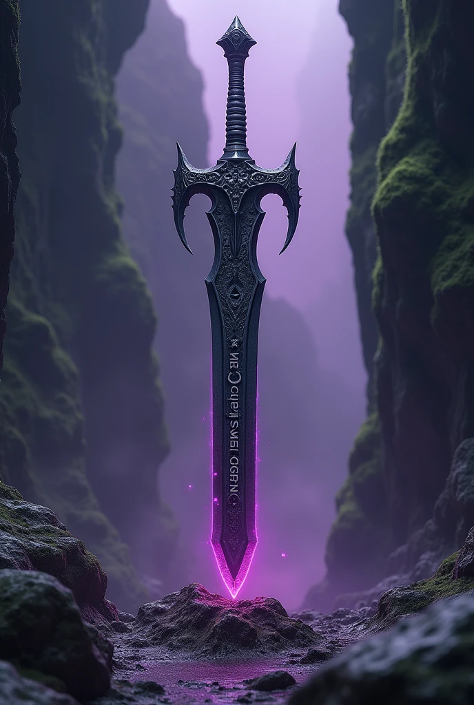 Una espada demoniaca incrustada en el suelo con un texto q diga chewer of seas y q está dentro de una cueva supterania con una Aura morada
