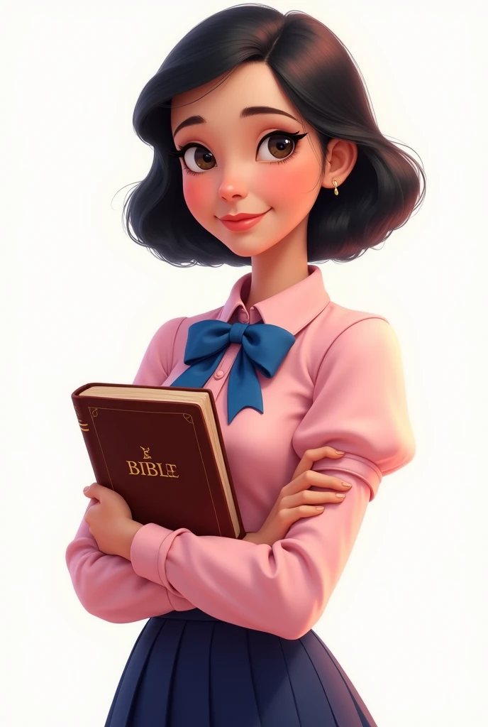 Disney type image Woman in navy blue skirt, pink blouse with blue bowtie, semi-short black hair with a bible in her hand with a white background without makeup 