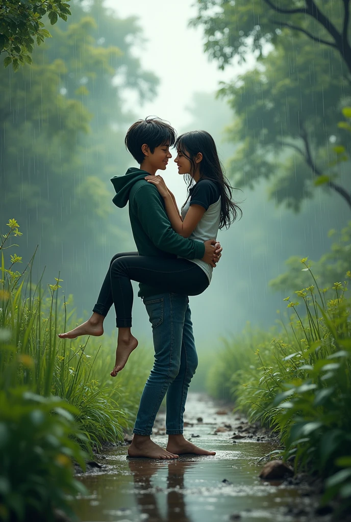 A teenager boy who wears a dark green colour hoodie and blue colour denim pant with little beard lifting and carrying a teenager girl who wears a black and white colour t shirt and black pant in his hands realistic in between lots of trees and grasses filled with rain water
