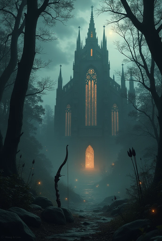 Faça uma imagem em que tenha uma floresta bem sombria, e em uma árvore, esteja apoiado somente um arco e suas flecha e, no fundo, mais para a direita, haja uma catedral no estilo gótico, feita com basalto negro, clerestórios enormes, uma abóboda bem grande em que, pela porta, saia uma luz. O dia deve estar nublado, e, pelo floresta, podem haver alguns vagalumes. não devem haver pessoas na imagem, somente os itens mencionados.