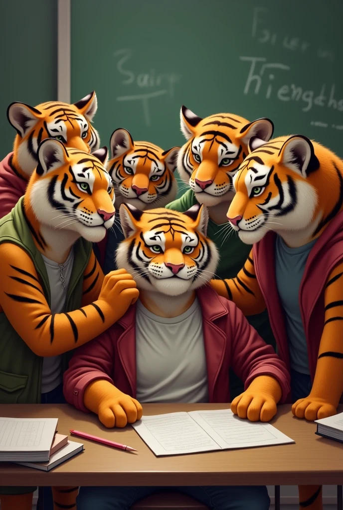 Create a group of college tigers who comfort their friend because he failed his exam in a classroom 
