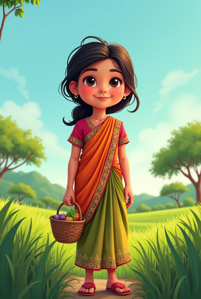 Create an cartoon image of Bangladeshi farmer girl wearing saari