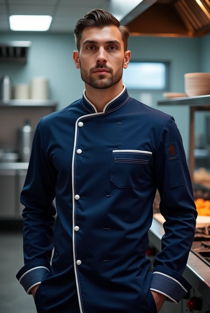 Navy blue chef's uniform with white trim
