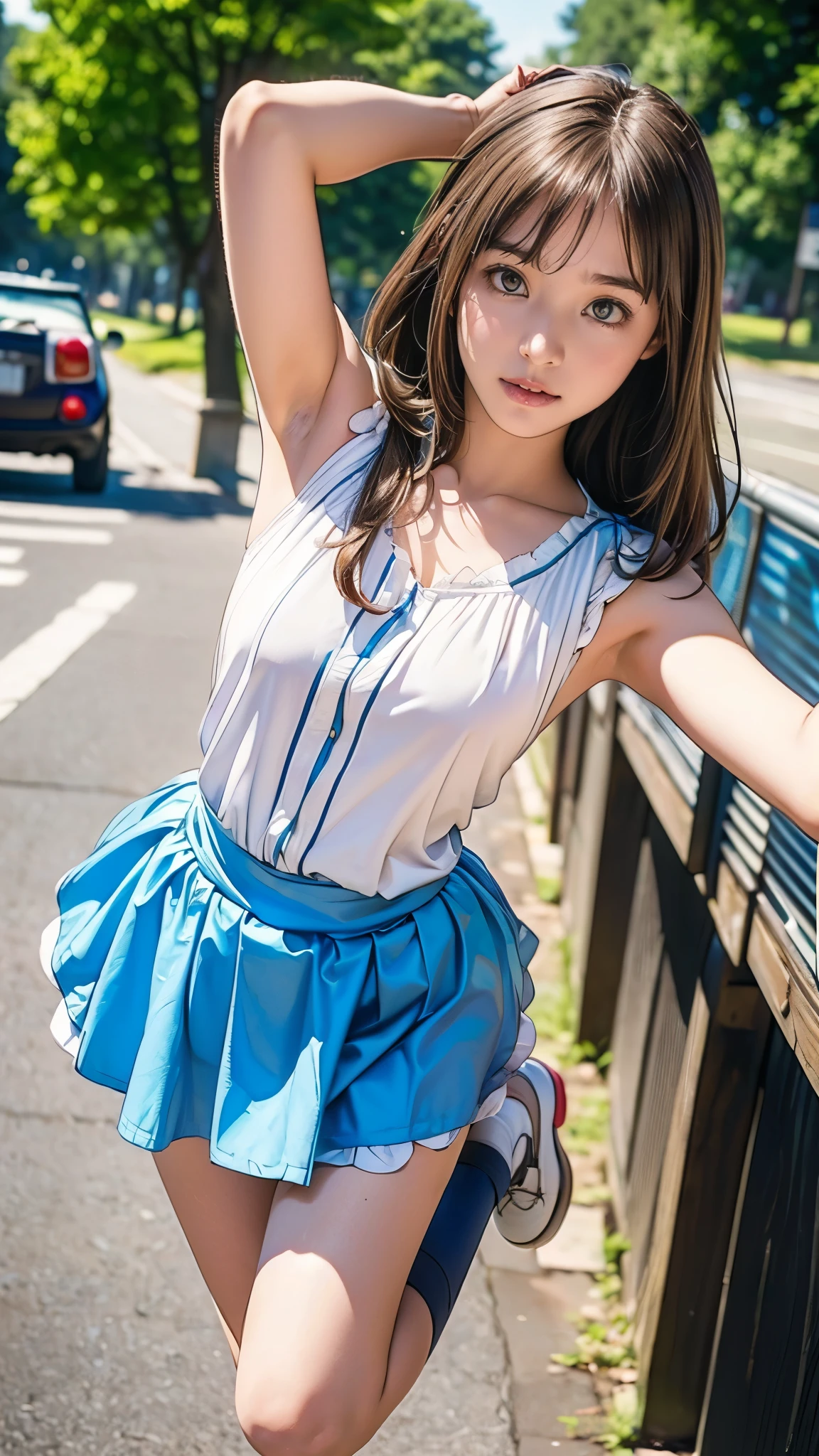 13 year old nerd girl、(Alice in Wonderland Cosplay:1.3、mini skirt:1.4、Very light clothing:1.3)、Droopy eyes:1.4、Big round eyes、Active pose、(Raise your arms and jump:1.2、Armpits are visible:1.4)、Very thin thighs、Outdoors