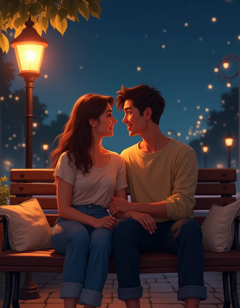 "Create a realistic image of a young man and woman sitting together on a bench at night. Both are looking at each other and smiling warmly. The scene should feature soft, ambient lighting coming from a nearby lamp that casts a gentle glow over the couple. The environment around them should be cozy, with subtle details like softly glowing streetlights or nearby foliage to enhance the intimate atmosphere. The overall mood should be warm and romantic, with the night sky in the background providing a tranquil backdrop. The bench should be comfortable and inviting, perhaps with a slight sheen of dew to suggest the cool evening air."