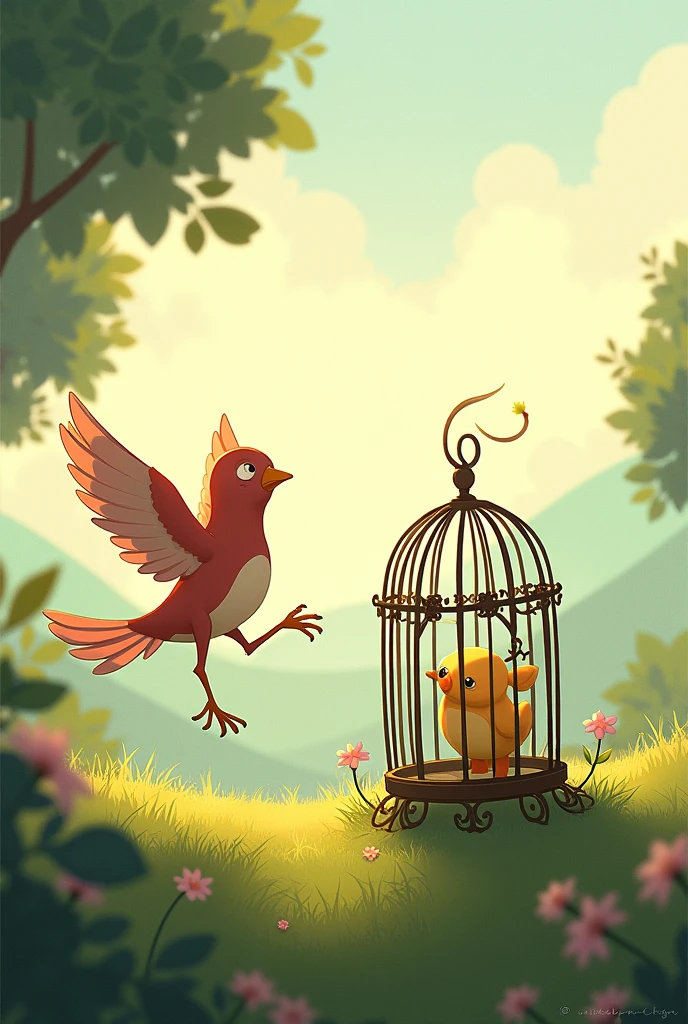 Two Ghibli style characters. One representing a bird and another representing a cage.