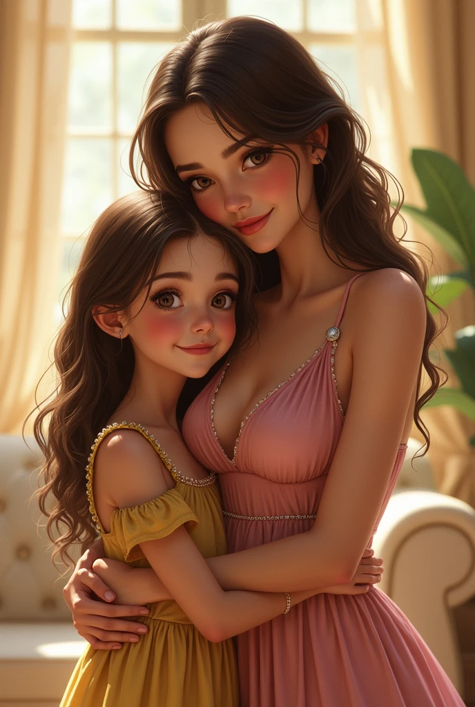 Young girl with her mother, beautiful smile, curvy hourglass body,big breast.