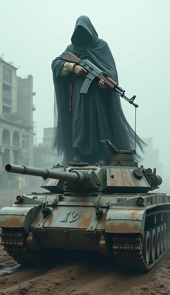 The ghost character from call of duty with an ak 47 in his hand on top of a war tank