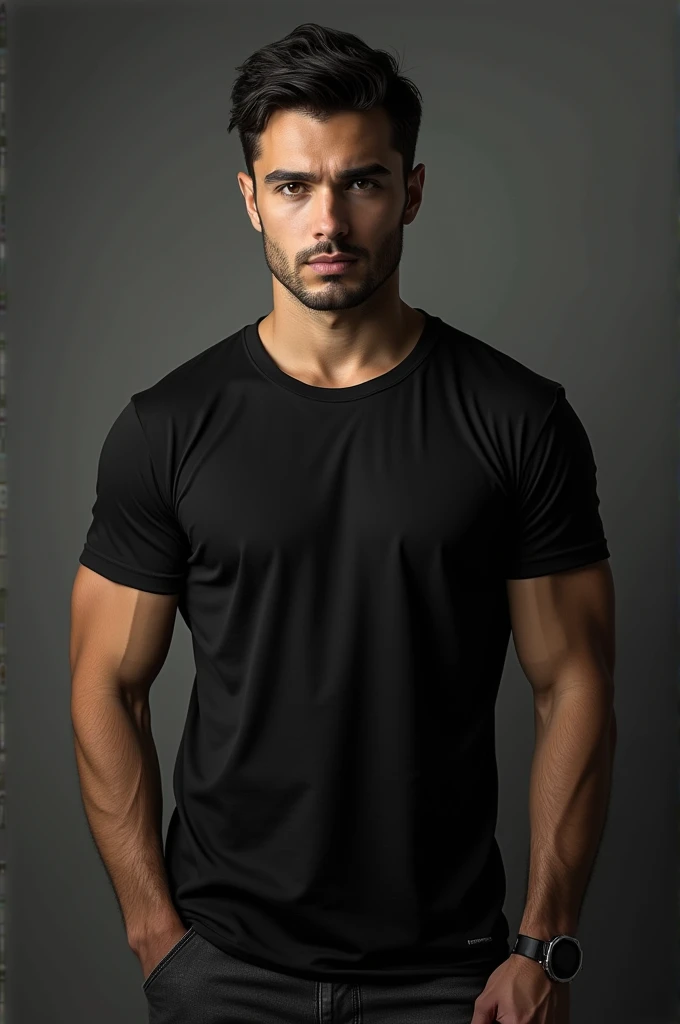 Handsome man in plain black cotton t-shirt