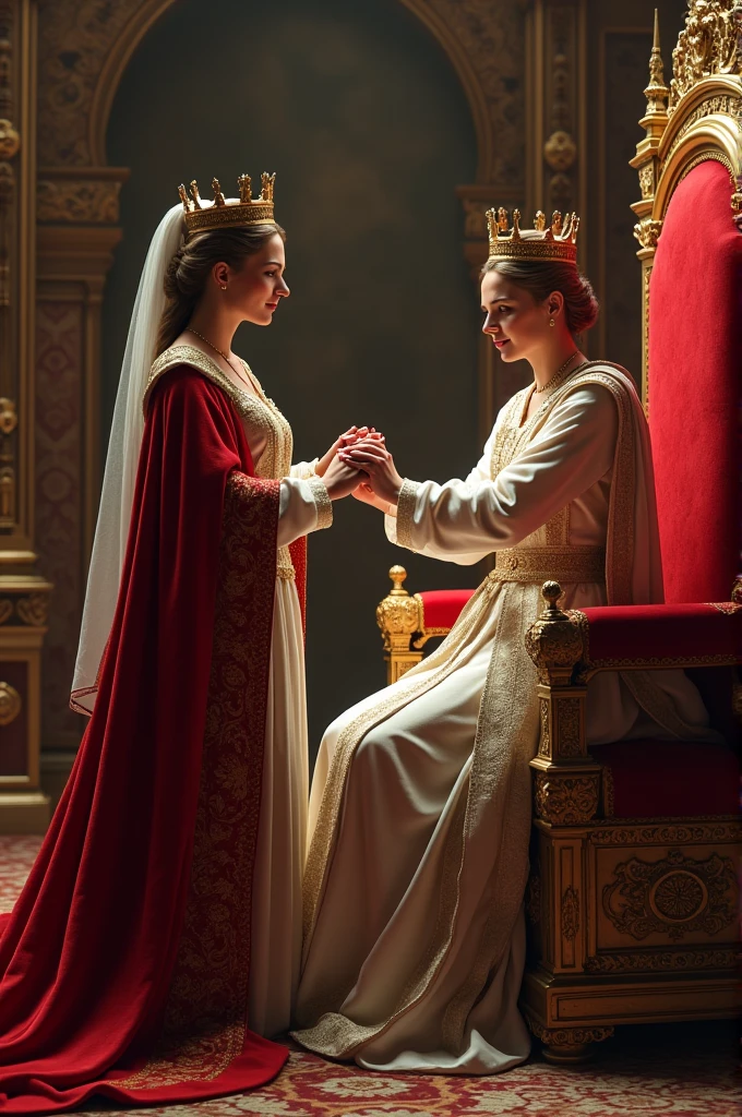 A queen crowning her son beside throne