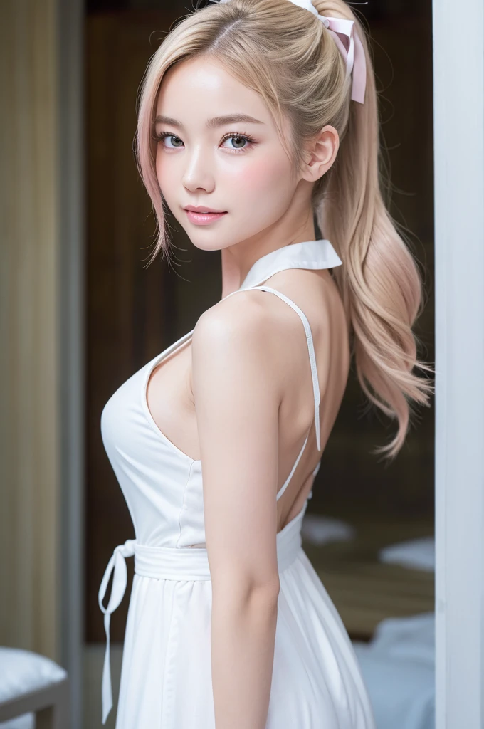 ((Highest quality)), ((masterpiece)), (detailed), (high ponytail), (Blonde), (Beautiful well-groomed girl:1.3), (ribbon:1.22), (pointy breasts),  white dress, (snowy white skin), (Blushed:1.3), portrait, from side, looking back, (put index finger on mouth:1.1), Shy laugh, Half-open mouth, Shiny skin、Thin eyebrows,  girl,独奏,highly detailed beautiful face and eyes

