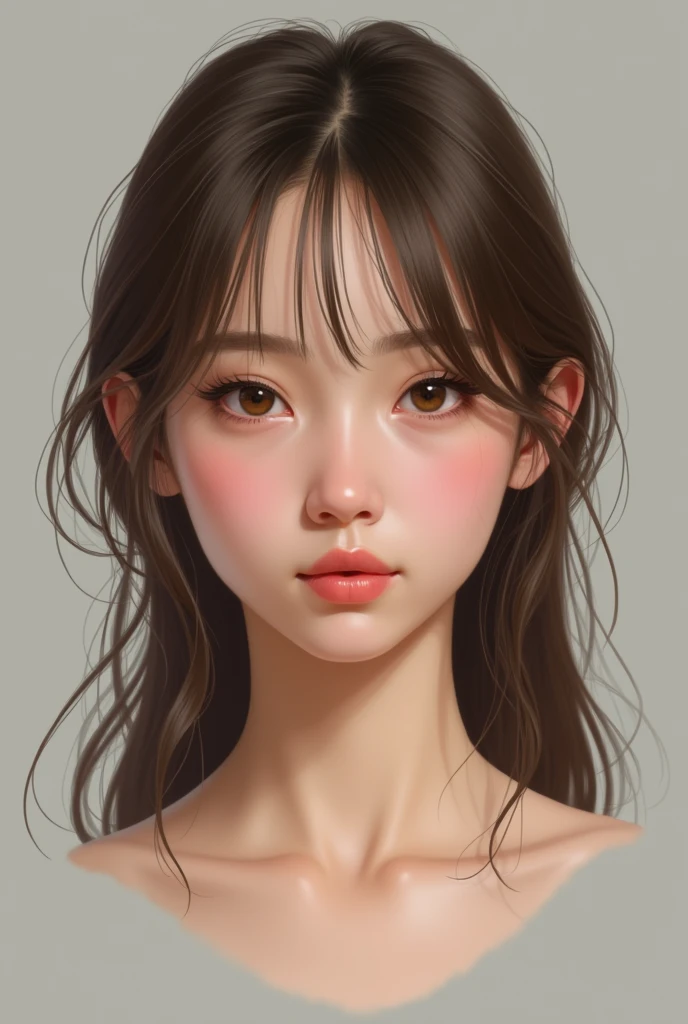 a teenage woman, white-skinned, small face and strong jaw,
olhos amendoados, small and fleshy mouth,large nose,straight brown hair with light highlights and curly bangs,realisitic