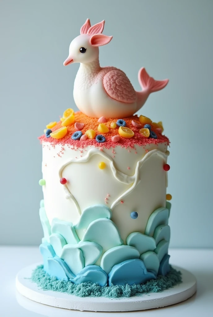 Create a cake with white and light blue fondants and fruit sand