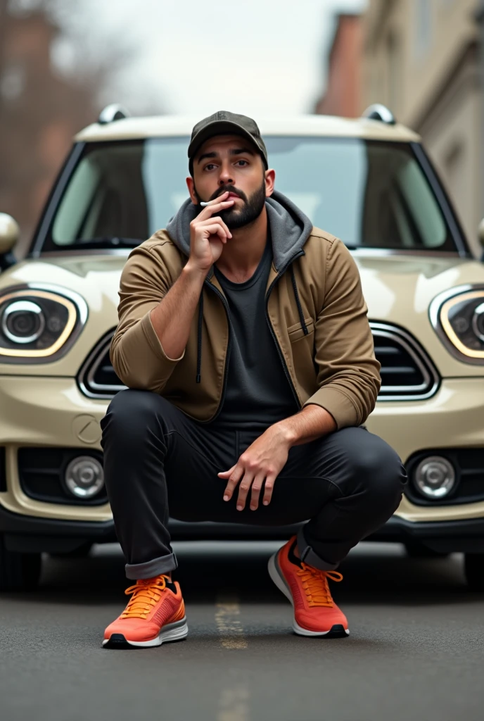 Create a picture of a young man. The man has a very short dark beard and dark short hair. The man has a cap on. The man is wearing shorts. The man smokes a cigarette. The man has an angular face. The man kneels in the Russian squat in front of a new car Mini Countryman. The new car Mini countryman is beige.The man looks forward. The man wears bright running shoes. The man is well trained.