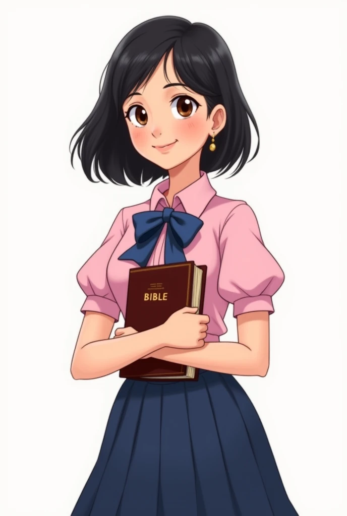 Disney type image Woman in navy blue skirt, Pink short sleeve blouse with blue bowtie, semi-short black hair with a bible in her hand with a white background without makeup and without earrings