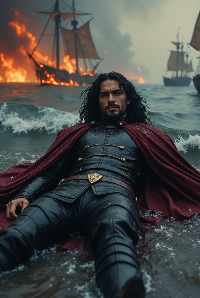 A handsome Aesthetic  Targaryen Prince with long curly black hair, he's wearing a royal black armour suit with maroon cloak, he's dead with arrows on his chest and drowning to Ocean, Warships burned 