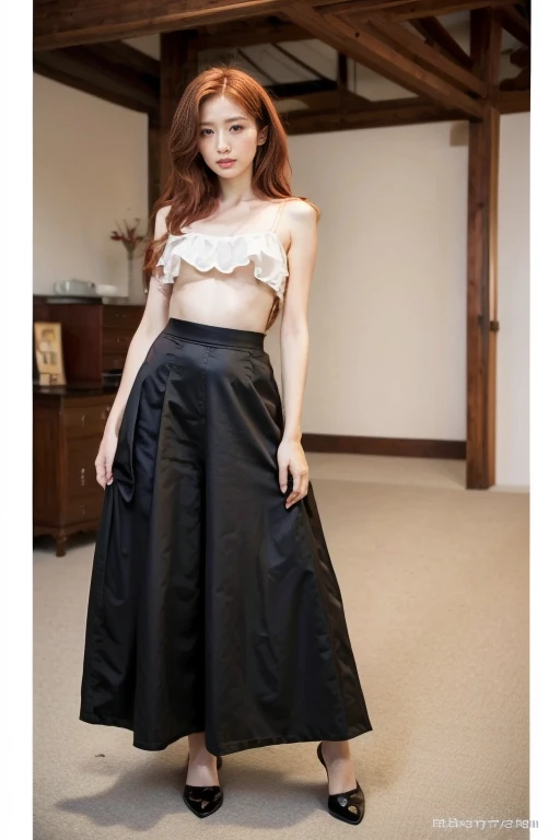 best quality, masterpiece, (Practical: 1.2), 1 girl, Slim girl, Red hair, Brown eyes, front, Delicate face, beautiful eyes, Brown eyes, big eyes, Small Breasts, cleveage, Long skirt,Long legs,Full body portrait