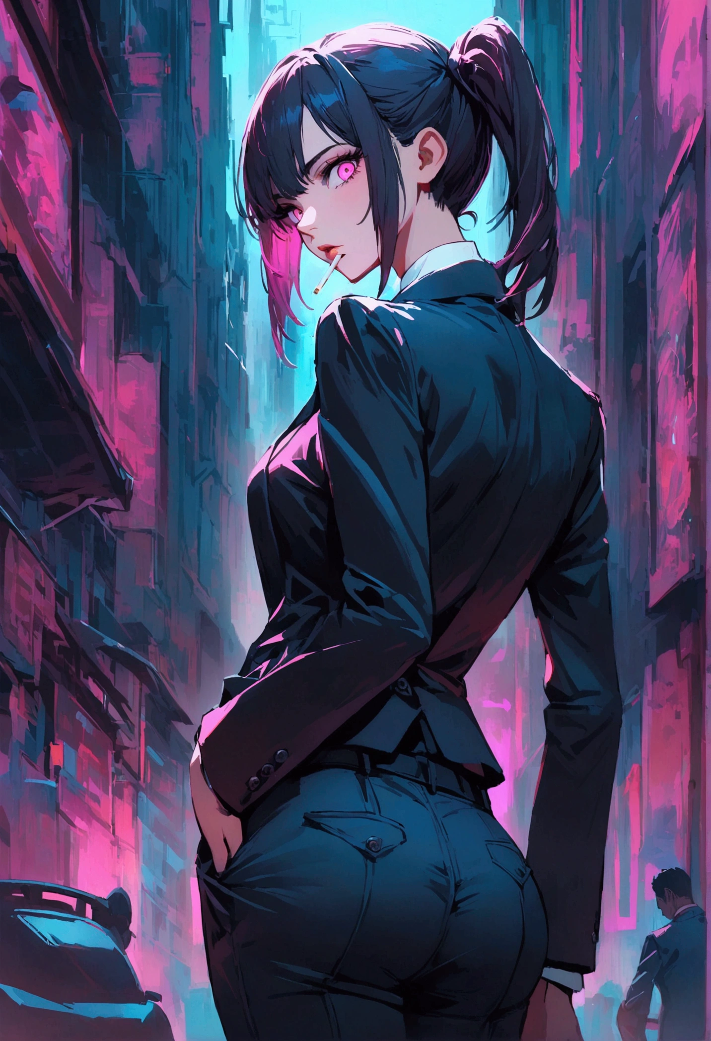 a woman in a suit, looking down at viewer with sharp eyes, she is smoking a cigarette, hands are in the trouser pocket, beautiful, pink eyes, white long twintail hair, back view