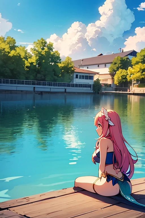 Anime girl sitting on a dock talking to a beautiful mermaid who emerges from the water with half her body out of the water and her tail in the water