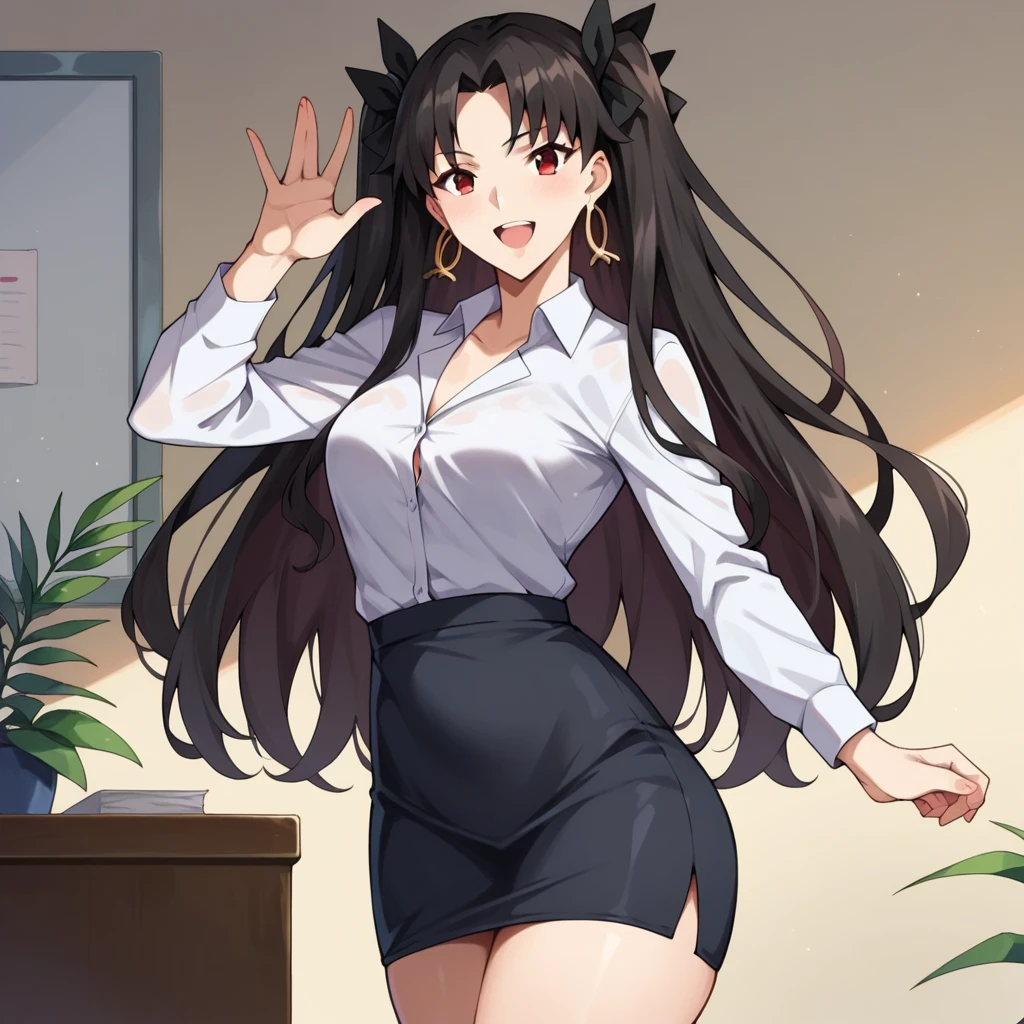 score_9, score_8_up, score_7_up, score_6_up BREAK source_anime, ishtar, long hair, black hair, ribbon, hair ribbon, two side up, red eyes, parted bangs, crown, 1girl, divine goddess body with stunning curves, office lady costume , open mouth, smile, wide hips, fullbody shot, The background is a office