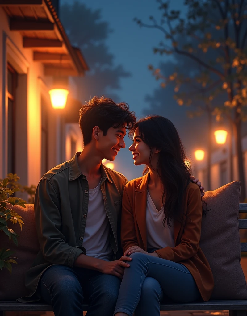 "Create a realistic image of a young man and woman sitting together on a bench at night. Both are looking at each other and smiling warmly. The scene should feature soft, ambient lighting coming from a nearby lamp that casts a gentle glow over the couple. The environment around them should be cozy, with subtle details like softly glowing streetlights or nearby foliage to enhance the intimate atmosphere. The overall mood should be warm and romantic, with the night sky in the background providing a tranquil backdrop. The bench should be comfortable and inviting, perhaps with a slight sheen of dew to suggest the cool evening air."