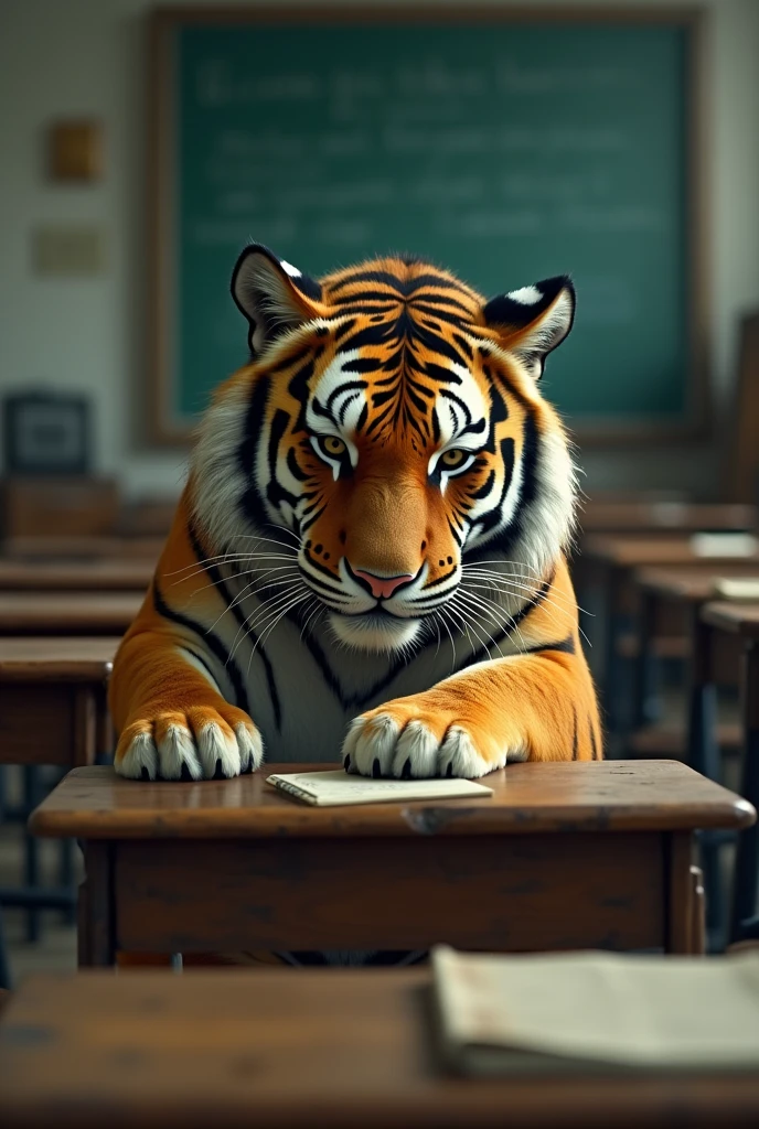 Sad tiger crying because he did poorly on an exam in a classroom
