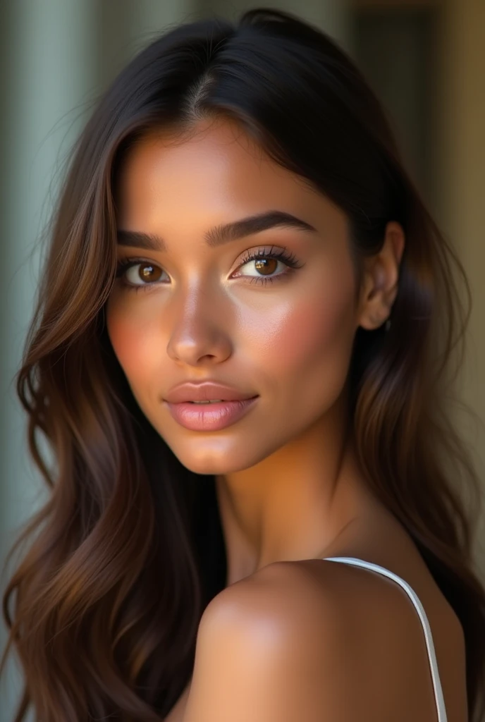 a teenage woman,half tanned white skin (de leve),straight hair with a little bit of waves and medium brown color,the hair is elbow length and with a curtian bags,round shaped eyes and hair color,thin and clear eyebrows, full mouth with a cupid&#39;s bow, straight and medium nose, oval head shape, Brazilian woman