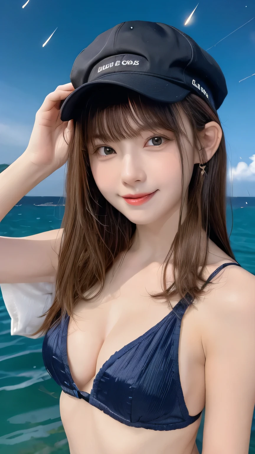 Best image quality (8k, High resolution, masterpiece: 1.2), Very detailed, Random Hairstyles, 26-year-old woman, 

Extraordinary beautiful girl、Cute and beautiful face details、(Dealing with the Children_v1:0.008)、


score_9, score_8_upper, score_7_upper, 

Meteor showers seen in the sea of stars:1.6. Situation: With a vast sea of stars as a backdrop、Meteor showers rain down from the sky。When a meteor falls into the sea of stars、Ripples of light spread across the water surface。
clothing: Wearing a hat deeply。
Camera angle: With a wide-angle lens、People and meteor shower、Capture the vast ocean of stars together。Emphasizing the moment when a meteor melts into the sea。


,Active stop temporarily ,
On her side、The thunder danced。
Focus on the upper waist


, Random cute poses ,Big eyes ,Puffy eyes ,  Heart pupil, blush  , Big shy smile , salute


