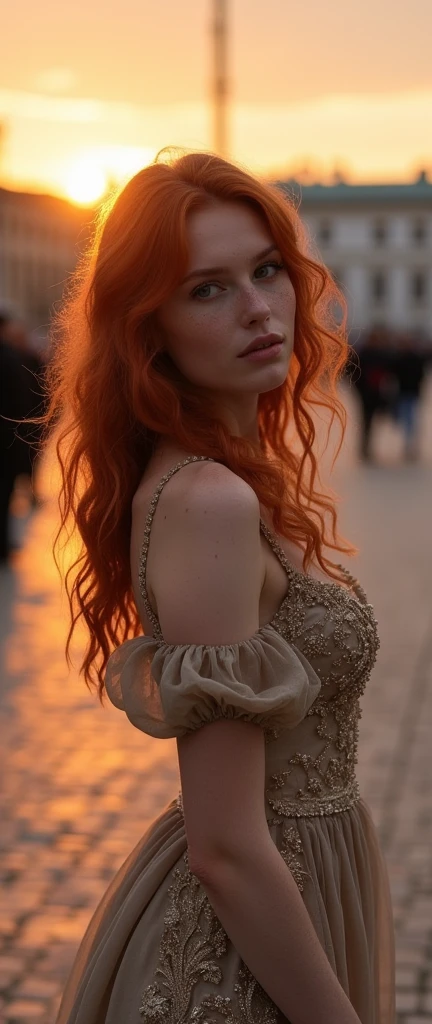 Sunset, red haired with blonde highlights, russian stunning woman, freckles, enchanting woman, pale skin, revealing aristocratic dress, posing at the square of the Saint Petersburg city 