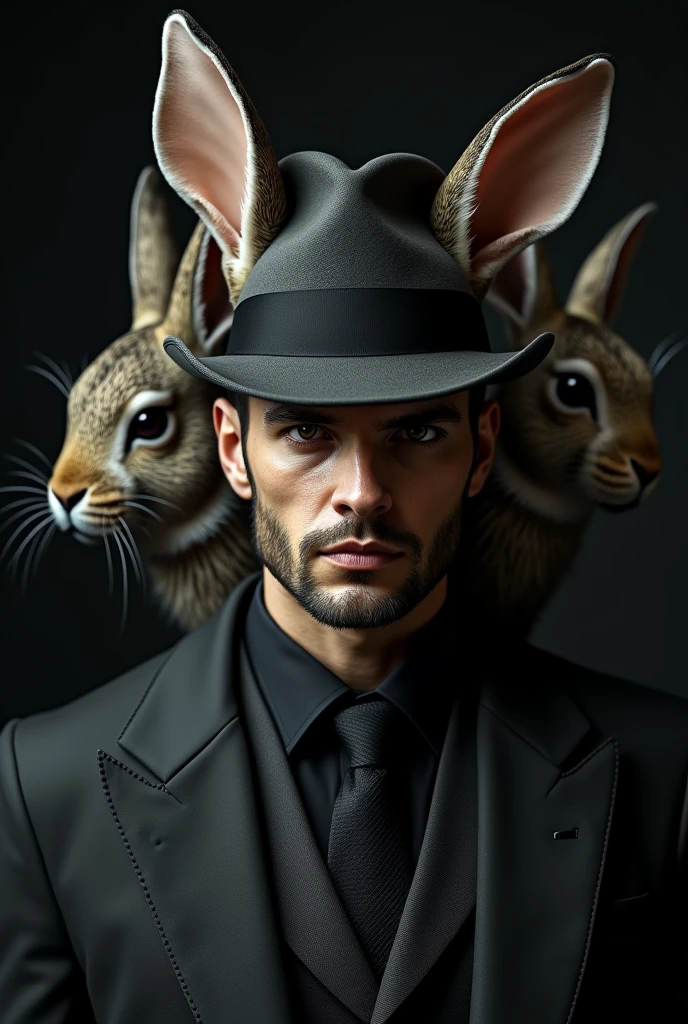 A man with mafia rabbit heads zoomed in close up, And the black background.