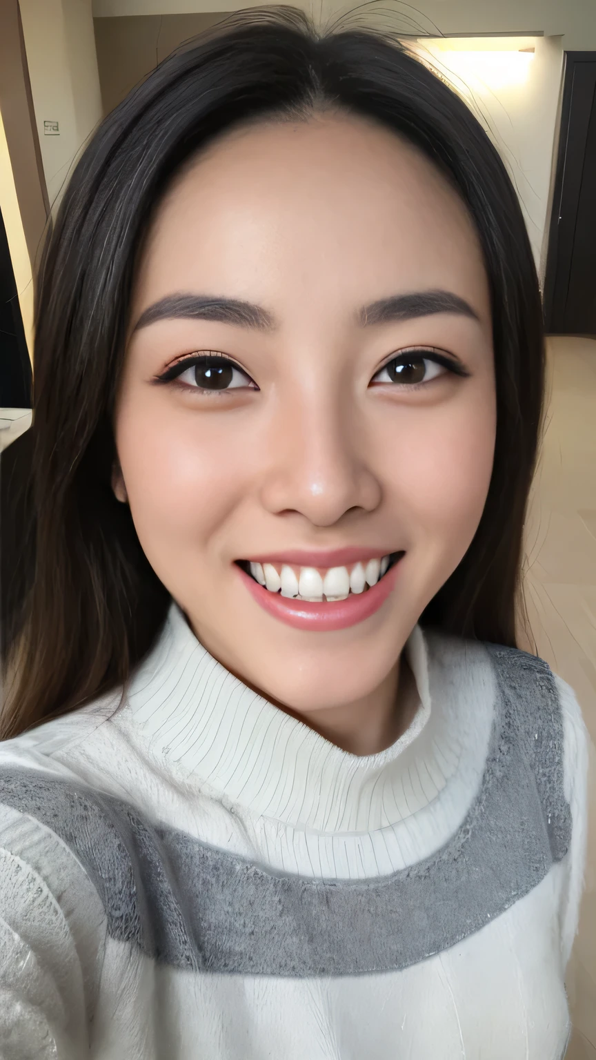 Photorealistic Realistic,masterpiece,Highest quality,High resolution,Super detailed,8k,1 Female,(perspective:1.5),compensate,View your viewers,smile,teeth,(Dark Night),Love Hotel,(白いteeth:1.2),Bust up shot,Summer sweater with high neck,Beautiful shiny black hair,Straight long hair,Place the subject in the center of the screen,