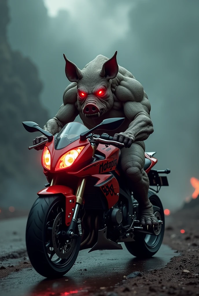 A demonic pig riding a mt 09 motorcycle in the background and with motopig CL named