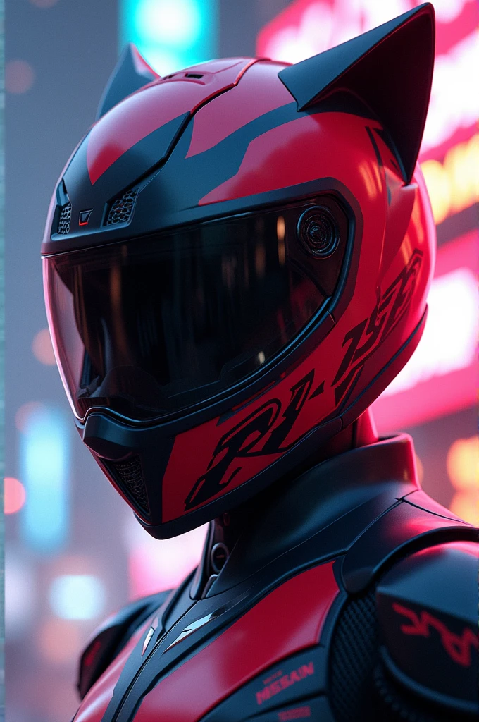 Motorcycle helmet with cat ears, action anime style