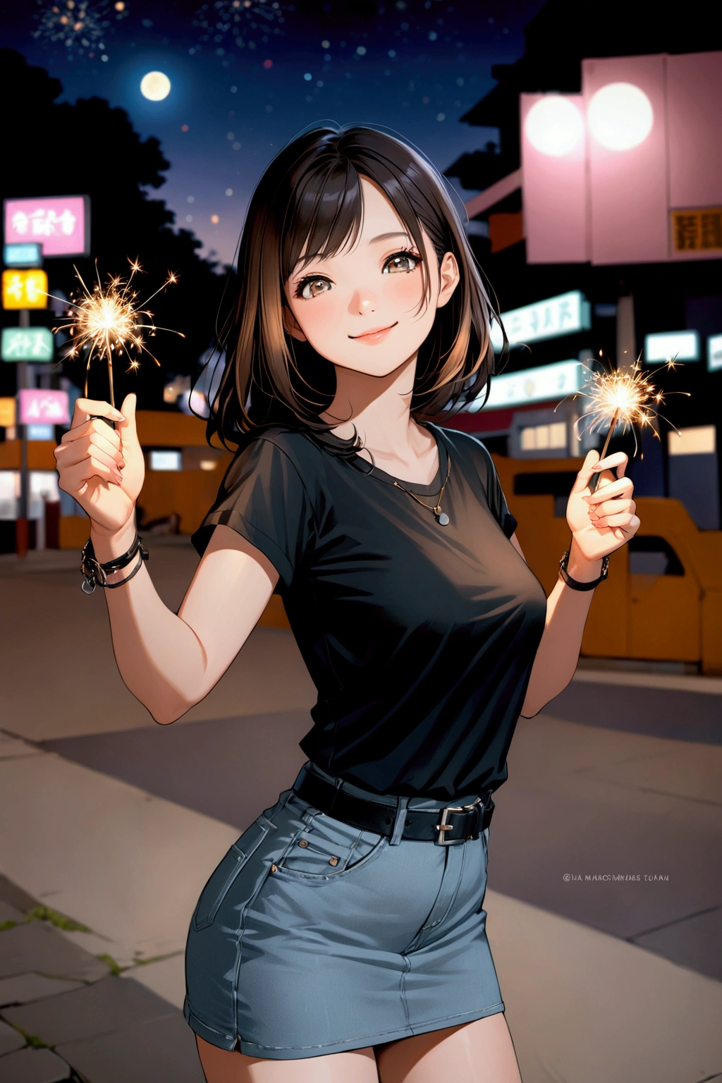 realistic anime illustration of adorable asian young woman is smiling and her hands holding sparklers at night, front view, looking at viewer, she has black shoulder length hair (+forehead), wears black t-shirt, black denim pencil skirt with black belt, sneakers (1girl, solo, full body), (masterpiece, best quality, japanese anime style), (expressive eyes, perfect face, perfect anatomy), ((without watermark))