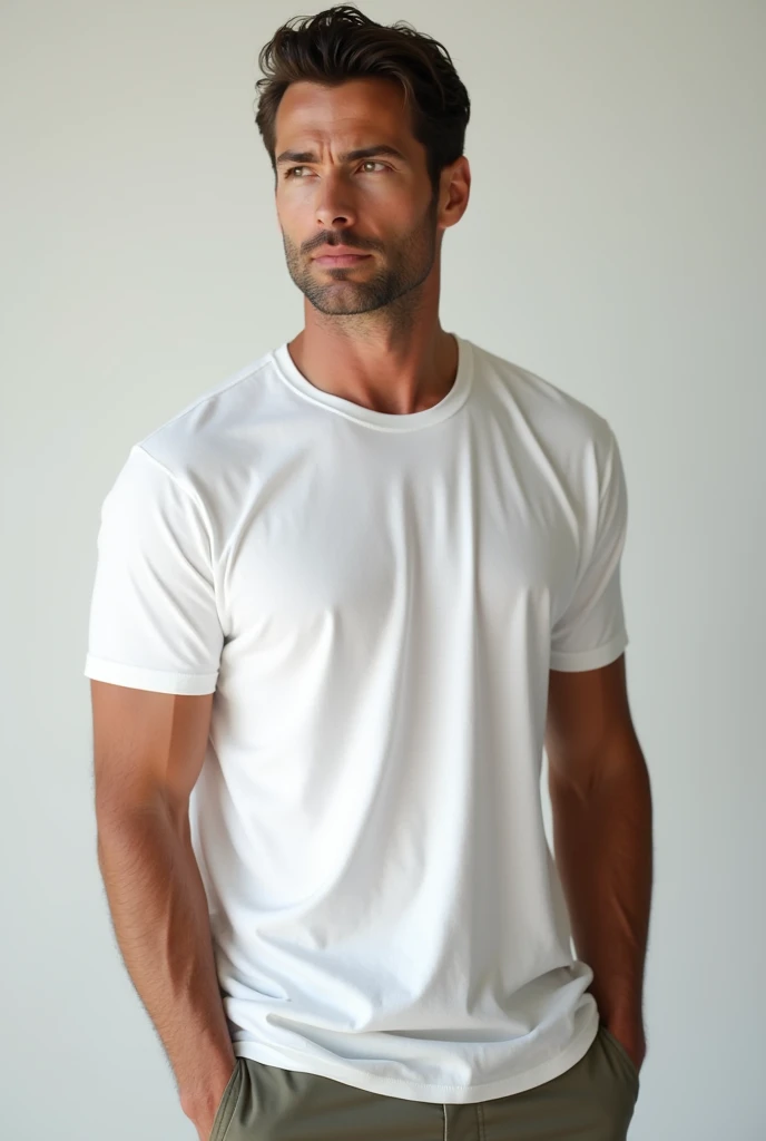 Handsome man standing in front with plain white cotton t-shirt