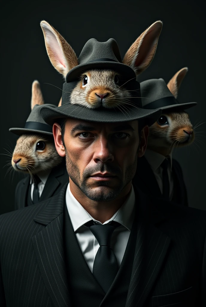 A man with mafia rabbit heads zoomed in close up, And the black background.